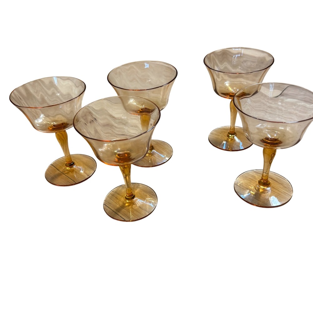 Vintage Amber Depression Glass Coupe Cocktail Glasses Set of 5 MCM 5in